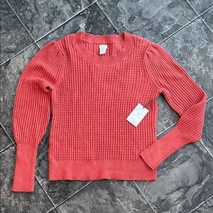 ASPEN Women's Coral Checkered Knit Sweater Puff Shoulders Extended Cuffs Coastal